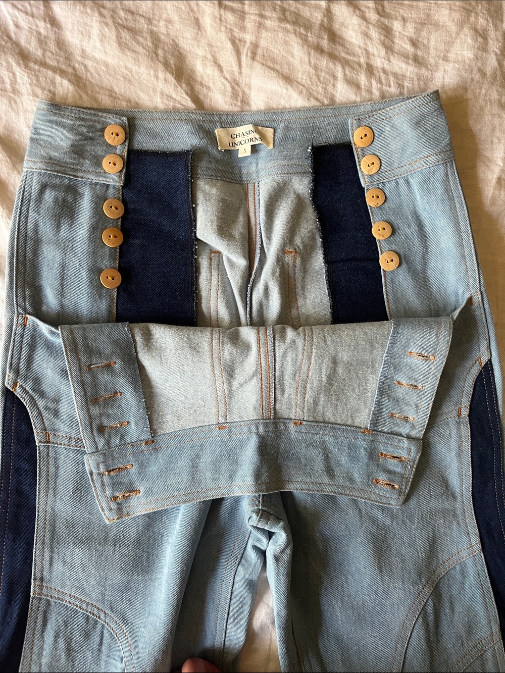 Chasing Unicorns 🪬 Patchwork Red Hot Denim Flares sz Small - Picture 10 of 13